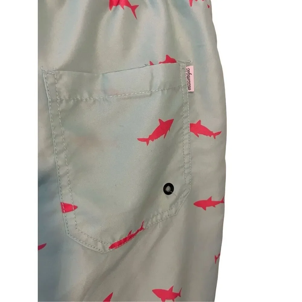 Maamgic mint green swim trunks with hot pink shark pattern - XL